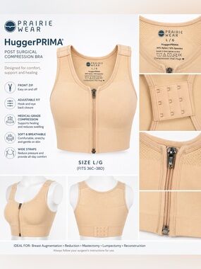 Prairie Wear HuggerPRIMA Compression Bra Nude L/G Front Zip Post Surgery